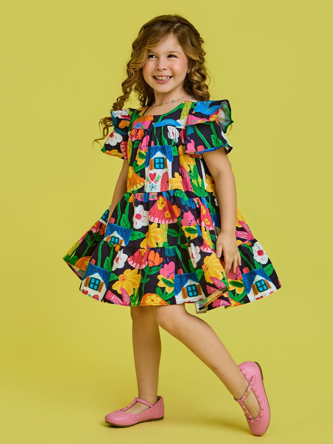 Vestido infantil rodado estampa floral colorida