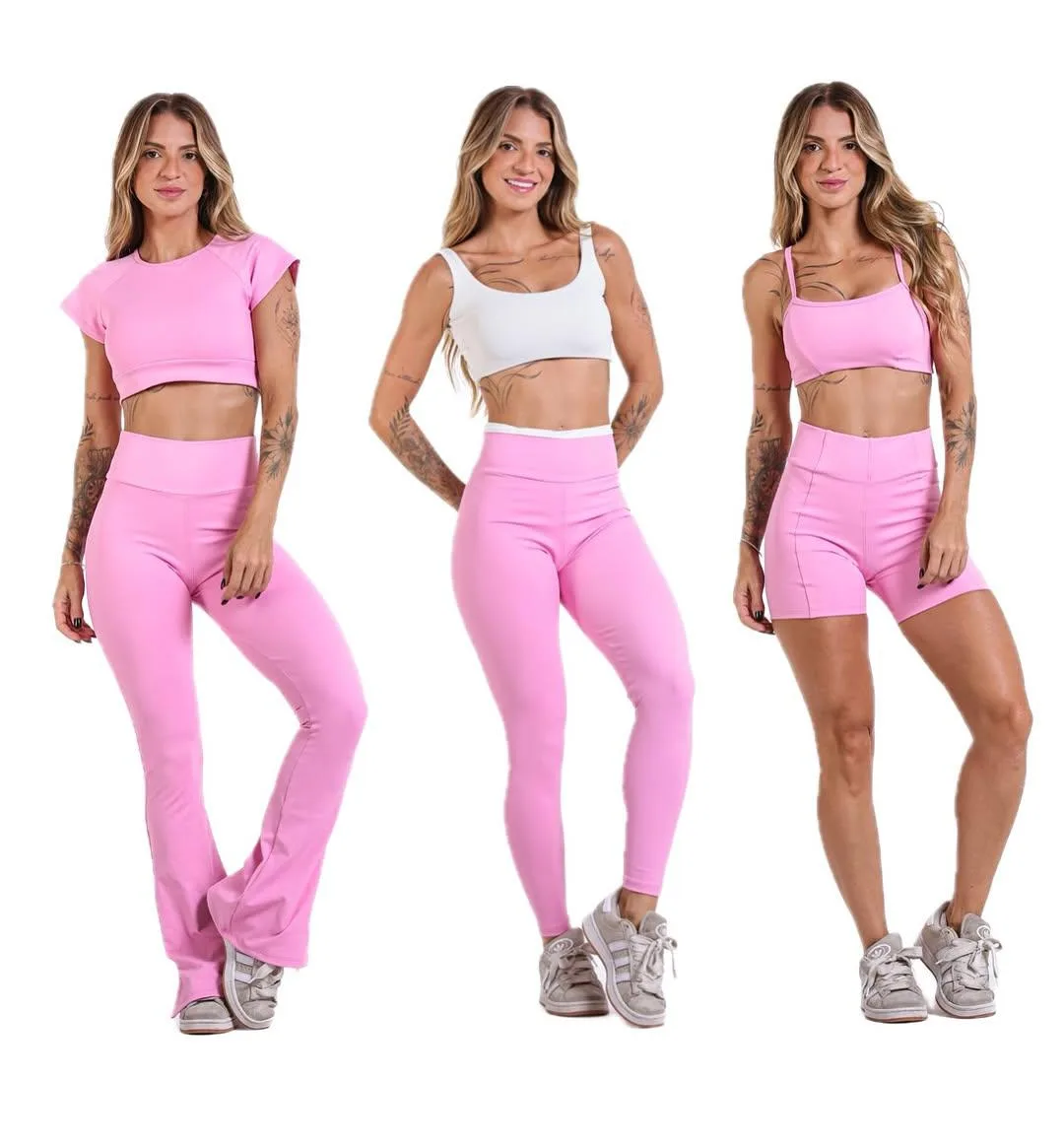 Peça fitness — trio rosa: flare, legging e shorts